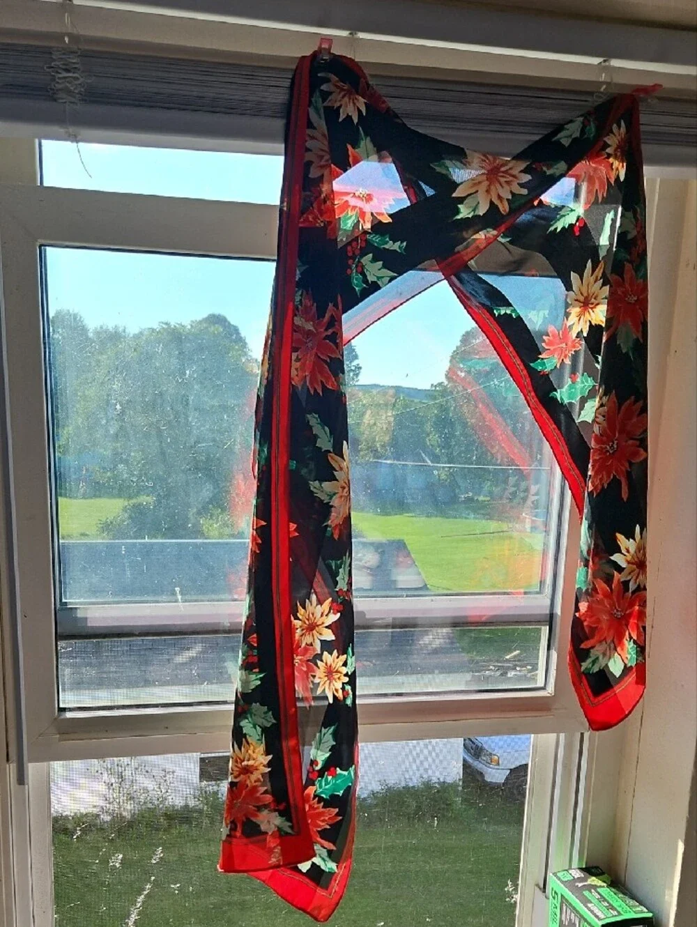 Vintage Ladies Christmas Sheer Black Scarf with Red and Floral Accents